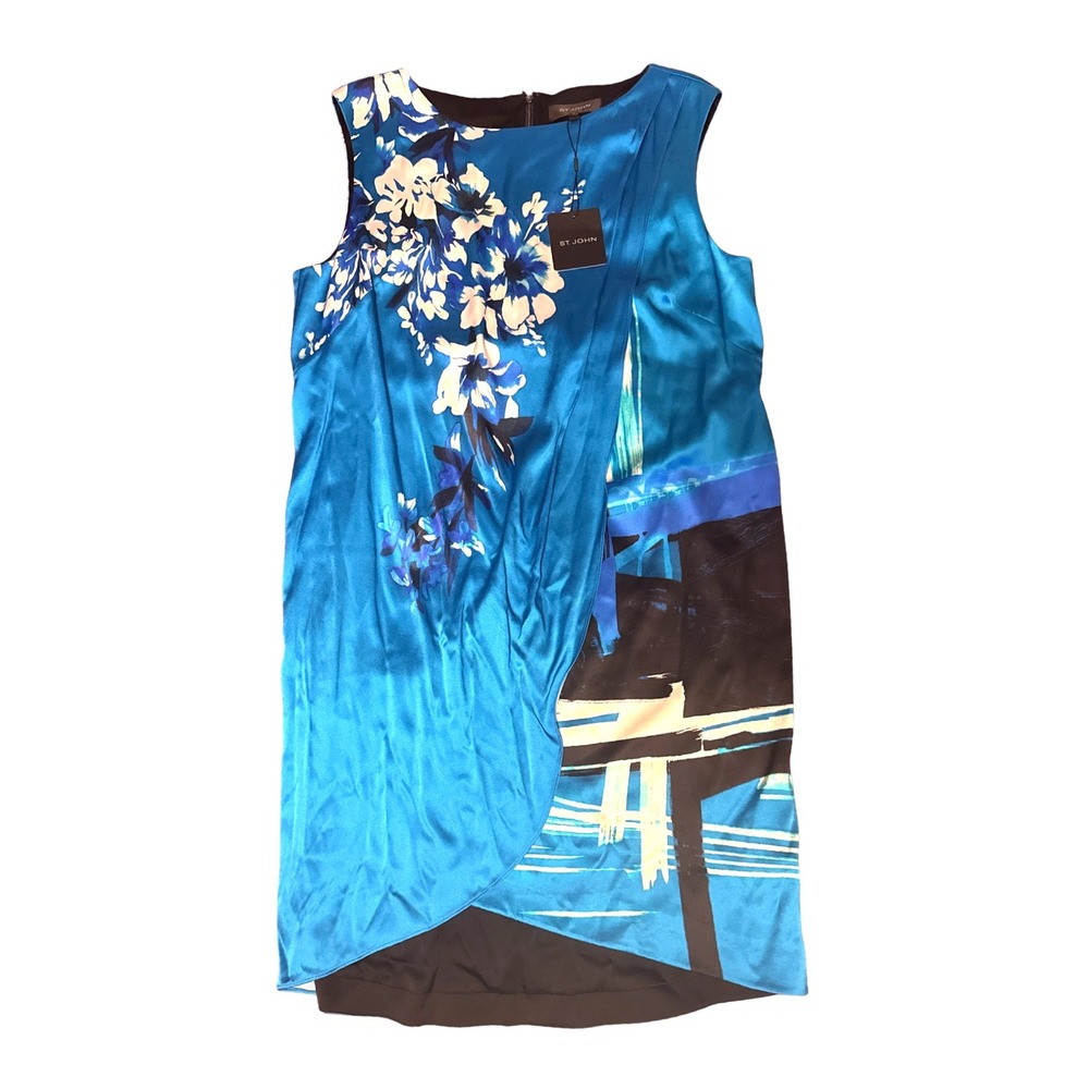 St. John Collection Womens Silk Satin Abstract Floral Sheath Dress Cyan Multi 14